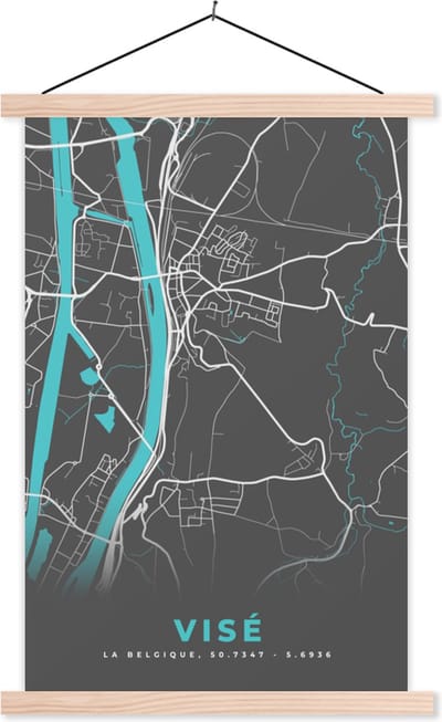 Posterhanger incl. Poster 40x60 cm - Schoolplaat - Plattegrond – Visé – Blauw – Stadskaart - Kaart - Textielposter - Blanke latten - Stadskaart