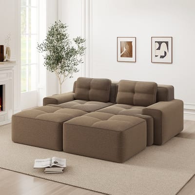 REDOM Modulaire 2-Zits Bank - Diepe Zitting & Montagevrij - Minimalistisch Design - Ribstof - Bruin - 204x177x69 cm