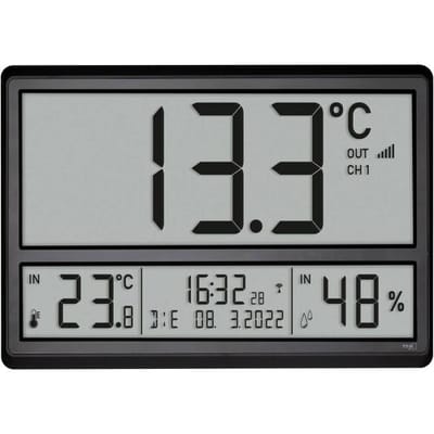 TFA Dostmann 60.4523.01 - Klok - Digitaal - XL - Zendergestuurd - Buitentemperatuur - Luchtvochtigheid - Alarm - Snooze - Zwart - Grijs