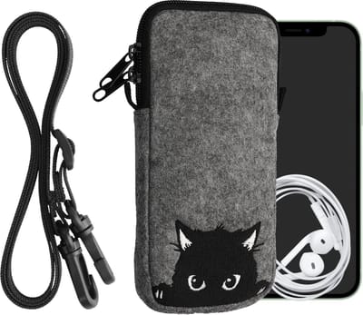 kwmobile Tasje voor smartphones XXL - 7" - Hoesje van vilt in grijs / zwart - Phone case met nekkoord - design