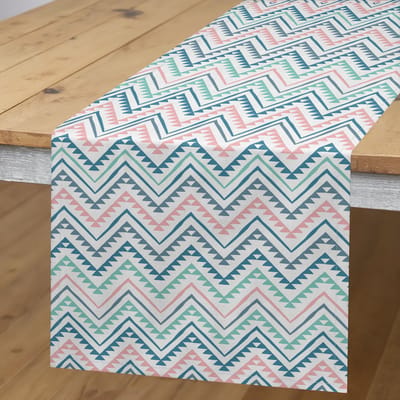 ABAKUHAUS Mexicaanse Druck Tafelrunner – Zigzagstijl – 40x180 cm – poederroze/zeeblauw