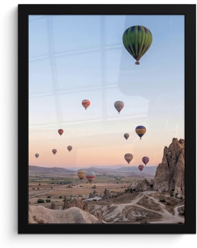 Poster in lijst - Fotolijst 30x40 cm - Posters - Luchtballonnen - Rotsen - Zonsopgang - Posterlijst zwart - Decoratie - Wanddecoratie woonkamer - Muurdecoratie slaapkamer