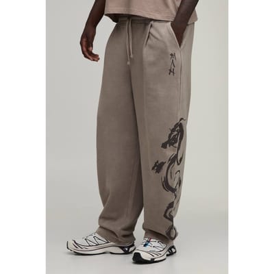 Joggingbroek Met Ballonpasvorm En Drakenprint Gewassen | Taupe | Size Small