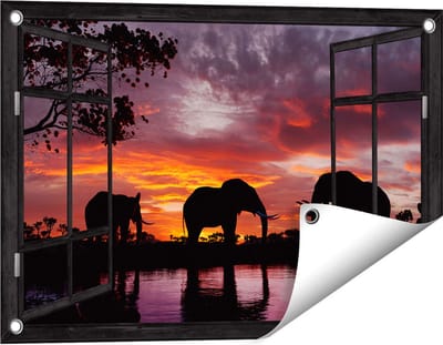 Gards Tuinposter Doorkijk Olifanten tijdens Zonsondergang - Silhouet - 60x40 cm - Tuindoek - Tuindecoratie - Wanddecoratie buiten - Tuinschilderij