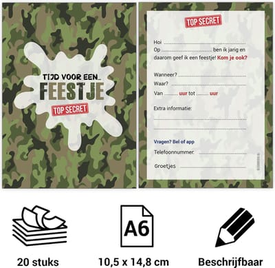 Uitnodiging kinderfeestje Camouflage - Voordeelset 20 stuks - Beschrijfbaar - Uitnodigingskaarten - Uitnodiging verjaardag - uitnodiging verjaardag feest - Uitnodiging kinderfeestje Jongen of Meisje - Camouflage
