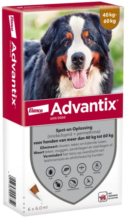 Advantix Spot-On 600 - Anti vlooien en tekenmiddel - 6 ml 6 pip 40-60 Kg