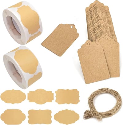 600 stuks Natuurlijke Kraft Papieren Etiketten Set met Kaartetiketten, Zelfklevende Verwijderbare Voedseletiketten voor Flessen en Opbergcontainers, 6 Vormen Lege Etiketten voor Mappen en Cadeauverpakking