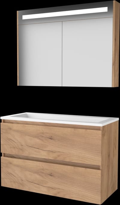 Basic Premium 46 badmeubelset met spiegelkast met geïntegreerde LED verlichting, greeploze wastafelonderkast met 2 lades en acryl wastafel zonder