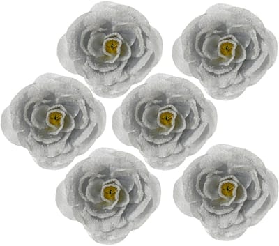 Kerstboomversiering Bloem - 6x stuks - 12 cm - zilver glitter - op clip - ornament - roos