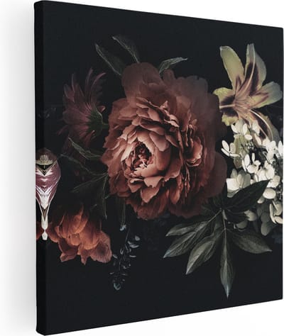 Artaza Canvas Schilderij Stilleven Met Bloemen - 30x30 cm - Klein - Muurdecoratie Boeket - Wanddecoratie Woonkamer - Kamer Accessoires Klassiek