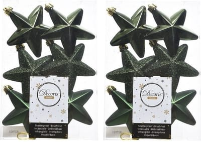 Decoris kersthanger sterren - 12x st - donkergroen - 7 cm - kunststof - kerstornamenten - kerstversiering