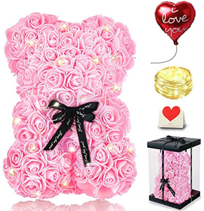 Cadeau voor Moederdag - Schattige Teddybeer met Rozen en Verlichting in Transparante Geschenkdoos
