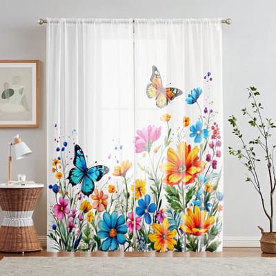 2pcs HD numérique papillons colorés dansant dans les buissons imprimé écran de fenêtre décoration de la maison style décoration salon chambre W52H63inchW132H160cm white