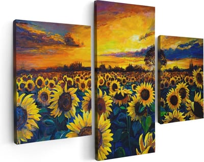 Artaza Canvas Schilderij Drieluik Getekende Zonnebloemen Veld Met Olieverf - 90x60 - Foto Op Canvas - Canvas Print