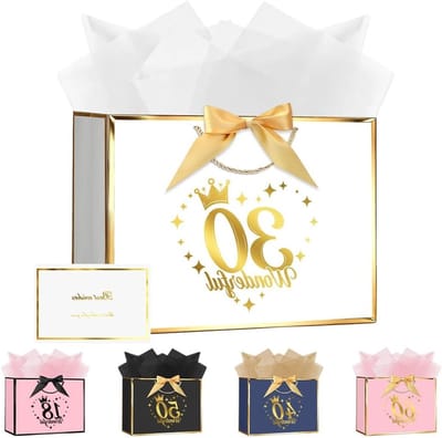 Verjaardagstas 28 x 20 x 10 cm, witte cadeauzakjes met strik, 3 cadeaupapieren en 1 wenskaart voor bruiloften, feesten en verjaardagen, ideaal voor cadeauverpakking en feestdecoratie