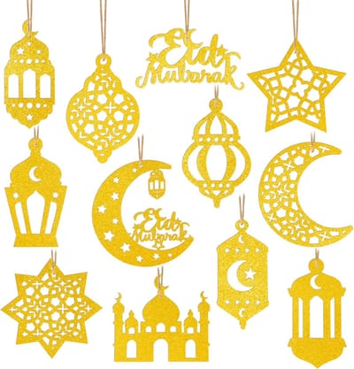 Famanu – 12 stuks Eid Mubarak papieren ornamenten hangers - maan en ster decoratie voor Ramadan en Eid al-Fitr feesten - herbruikbaar en kleurrijk