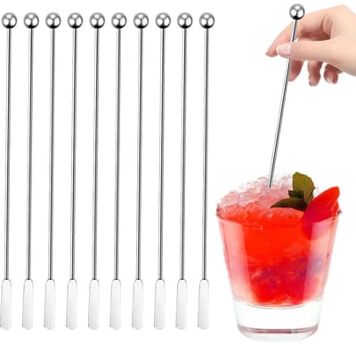 QTTVBTNA – 10 Stuks RVS Roerstaafjes – Herbruikbare Koffie- en Theeroerstaafjes – Cocktail & Drink Roerstokjes met Platte Paddle – Duurzaam en Makkelijk Schoon te Maken – Voor Koffiebar, Thuis, Feestjes en Dagelijks Gebruik– 19 cm – Zilver