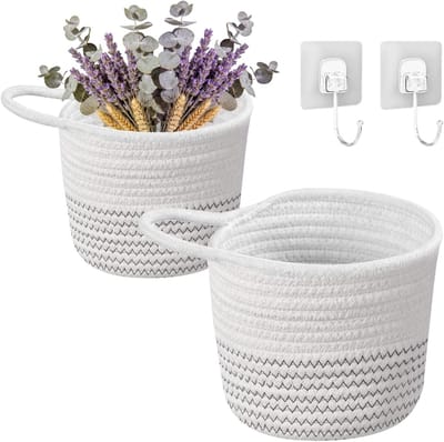 Set van 2 Wandmanden van Katoen, Hangende Opbergmanden voor Keuken, Badkamer en Slaapkamer, 15 x 15 cm, Decoratieve Baskets in Wit en Zwart
