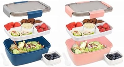 PromoHome Lunchbox Set van 2 - 2000 ml Lekdichte Bento Box met Vakken, Inclusief Bestek en Dienblad - Magnetron- en Vaatwasserbestendig - Blauw