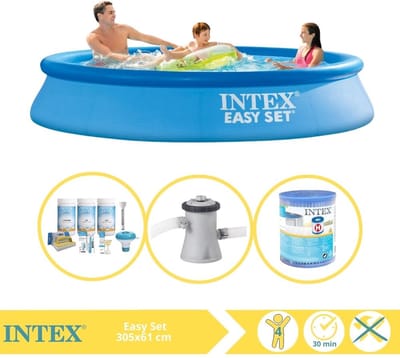 Intex Rond Opblaasbaar Easy Set Zwembad - 305 x 61 cm - Blauw - Inclusief Onderhoudspakket - Zwembadfilterpomp - Filter - 4-delig
