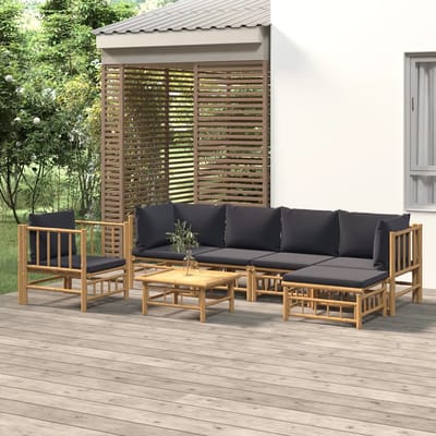 vidaXL - 7-delige - Loungeset - met - kussens - bamboe - donkergrijs