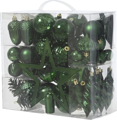 Decoris kerstballen, ornamenten en piek set - 60-delig - donkergroen - kunststof - kerstversiering