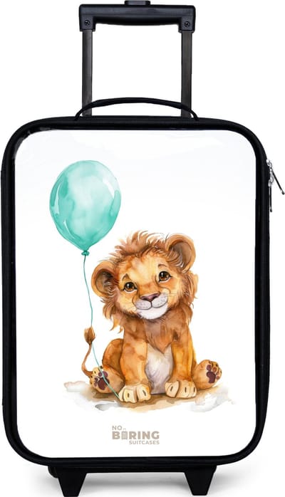 NoBoringSuitcases.com® - Kinderkoffer jongen - Kindertrolley meisje - Leeuw met blauwe ballon - Koffer kind lichtgewicht - Reiskoffer trolley voor kinderen - Koffertje met lichtgevende wieltjes - Rolkoffer zwart