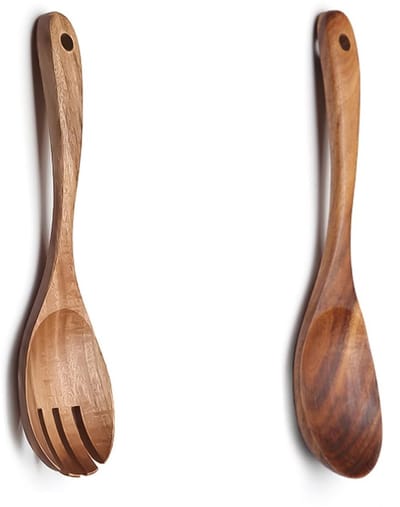 Dailygoods- Saladebestek Set van 2 - Houten Saladelepel/Vork - Keukengerei Hout - Ergonomische Handgrepen - Perfect voor Salades/Pasta