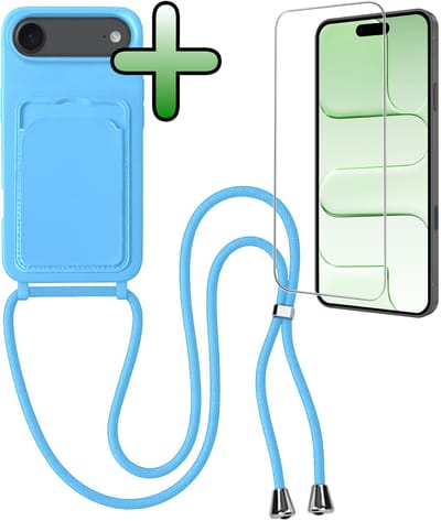 Hoes Geschikt voor iPhone Air Hoesje Pas Houder Case Hoes Met Koord Met Screenprotector - Hoesje Geschikt voor iPhone Air Hoes Met Telefoonkoord Pasjeshouder Cover - Lichtblauw