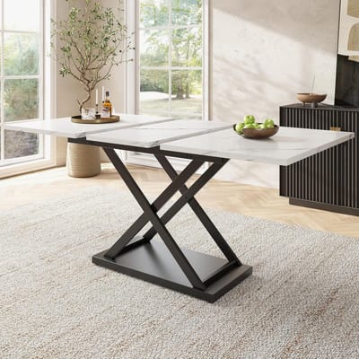 Eetkamertafel uittrekbaar - Keukentafel rechthoek - Gezellig dineren - Marmerlook design - 120 tot 160 cm - Wit zwart
