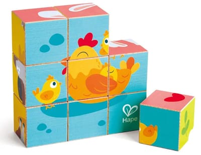 Hape houten boerderij dieren blokken puzzel educatief speelgoed.