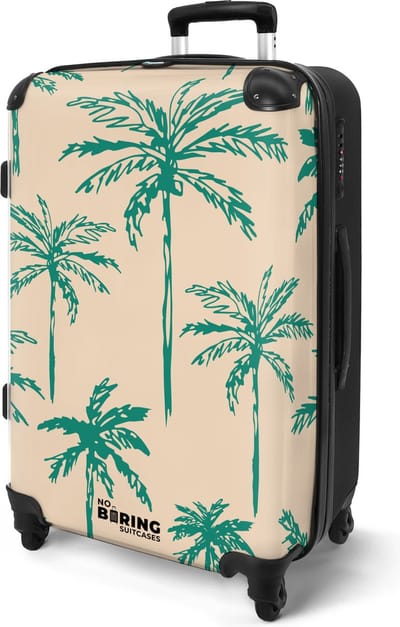 NoBoringSuitcases.com® - Koffer groot - Rolkoffer lichtgewicht - Beige met groene palmbomen print - Reiskoffer met 4 wielen - Valies grote trolley XL op wieltjes - Harde reistrolley met TSA slot - 20 kg bagage - Reizen