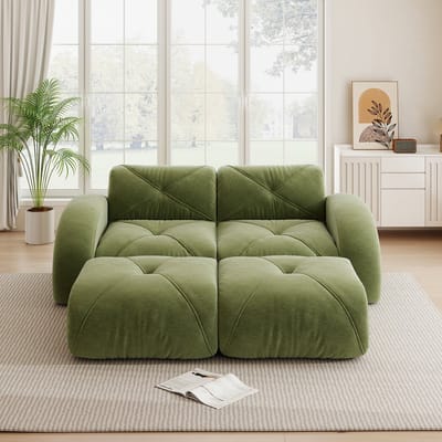 MODFU Modulaire 2-Zitsbank - Frameloos - Met 2 Poefs - Voor Woonkamer - Chenille - Groen