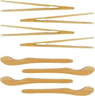 Set van 8 Bamboe Tangen - Houten Tangen voor Toast, Brood en Pickles - Antislip Ontwerp voor Koken en Grillen (4 Recht, 4 Gebogen)