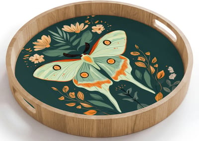 Dienblad rond 40x40 cm - Schootdienblad hout - Sierlijk - Vlinder - Groen - Bladeren - Borrelplank rechthoek - Plateau houten dienbladen