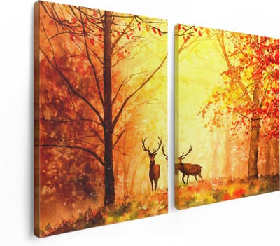 Artaza Canvas Schilderij Tweeluik Getekende Herten In Het Bos - Herfst - 120x80 - Foto Op Canvas - Canvas Print
