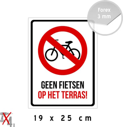 Pictogram/ bord | "Geen fietsen op het terras!" | 19 x 25 cm | Bord C11 | Restaurant | Bar | Horeca | Verboden | Verbod | 1 stuk