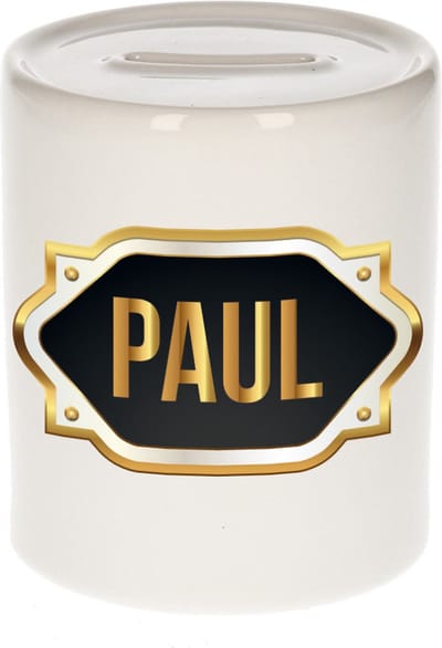 Spaarpot met voornaam Paul - wit - met goud/zwart embleem - 8 x 9 cm - keramiek - met afsluitdop - cadeau verjaardag