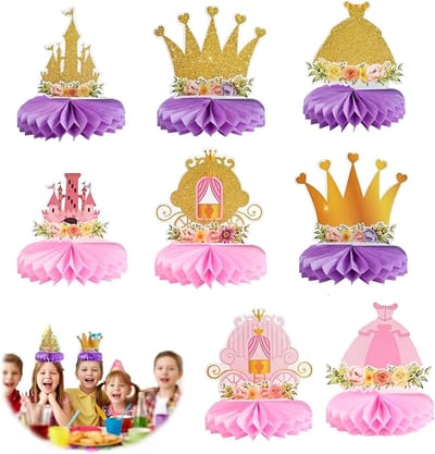 Set van 8 Prinsessen Honeycombs voor Feestdecoratie met Kasteel, Koets en Kroon, Herbruikbare Versiering voor Babyshowers, Verjaardagsfeesten en Familiebijeenkomsten