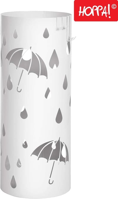 Hoppa! - Ronde Paraplubak - Parapluhouder - Metaal - Regenmotief - Wit - 19,5 x 19,5 x 49 cm (B x D x H)
