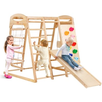 VEVOR Indoor Klimrek 7 in 1 Speeltuin voor Peuters, 120 x 109 x 121 cm, met Houten en Touwladder, Netladder, Schommel, Klimrek, Glijbaan, Klimwand, Houten Klimspeelgoed voor Kinderen