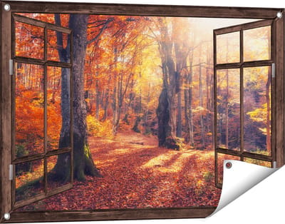 Gards Tuinposter Doorkijk Oranje Herfstbos met Zonneschijn - 90x60 cm - Tuindoek - Tuindecoratie - Wanddecoratie buiten - Tuinschilderij