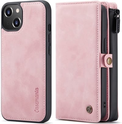 CaseMania Bookcase hoesje geschikt voor Apple iPhone 13 Mini - Effen Roze - Leer - Portemonnee met 11 Vakjes voor Pasjes en Ritsvak