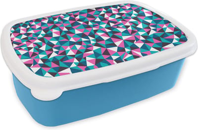 Broodtrommel Blauw - Lunchbox - Brooddoos - Geometrie - Roze - Blauw - Wit - Patronen - 18x12x6 cm - Kinderen - Jongen