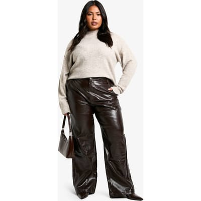boohoo Dames Plus Croc PU Broek met rechte pijpen | Chocolate | Maat: 16