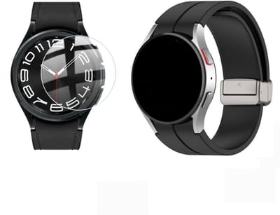 Strap-it Smartwatch band + Screenprotector - magnetische siliconen horlogeband geschikt voor Samsung Galaxy Watch 6 Classic 47mm - Sportarmband - Siliconen band - Silicoon - Zwart