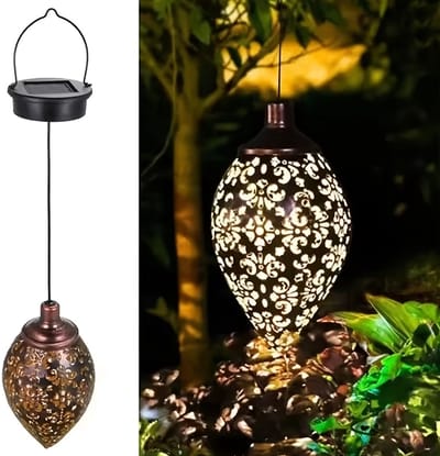 Op zonne-energie werkende hanglamp met blad-/druppelprojectie, zeshoekige projectielamp, IP65 waterdicht, met een capaciteit van 600 mAh, geschikt voor het decoreren van tuinen, patio's en terrassen en geschikt voor het creëren van sfeerverlichting.