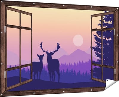 Gards Tuinposter Doorkijk Twee Herten - Zonsondergang - Silhouet - 180x120 cm - Tuindoek - Tuindecoratie - Wanddecoratie buiten - Tuinschilderij