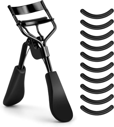 Professionele Wimperkruller met 10 Extra Siliconen Vervangpads voor Vrouwen en Meisjes, Geen Trekking, Geschikt voor Alle Oogvormen, Zwart en Glanzend