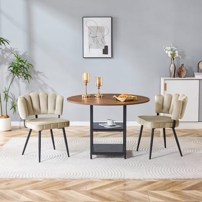 OKWISH Eethoek 107 cm - Ronde Eettafel Met Opbergruimte en 2 Eetkamerstoelen - Kleine Woning - MDF Metaal Stof